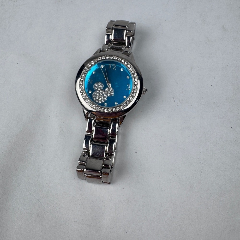 Disney Mickey Mouse Silver Watch Diamonds  Accutime Stainless NEEDS Battery